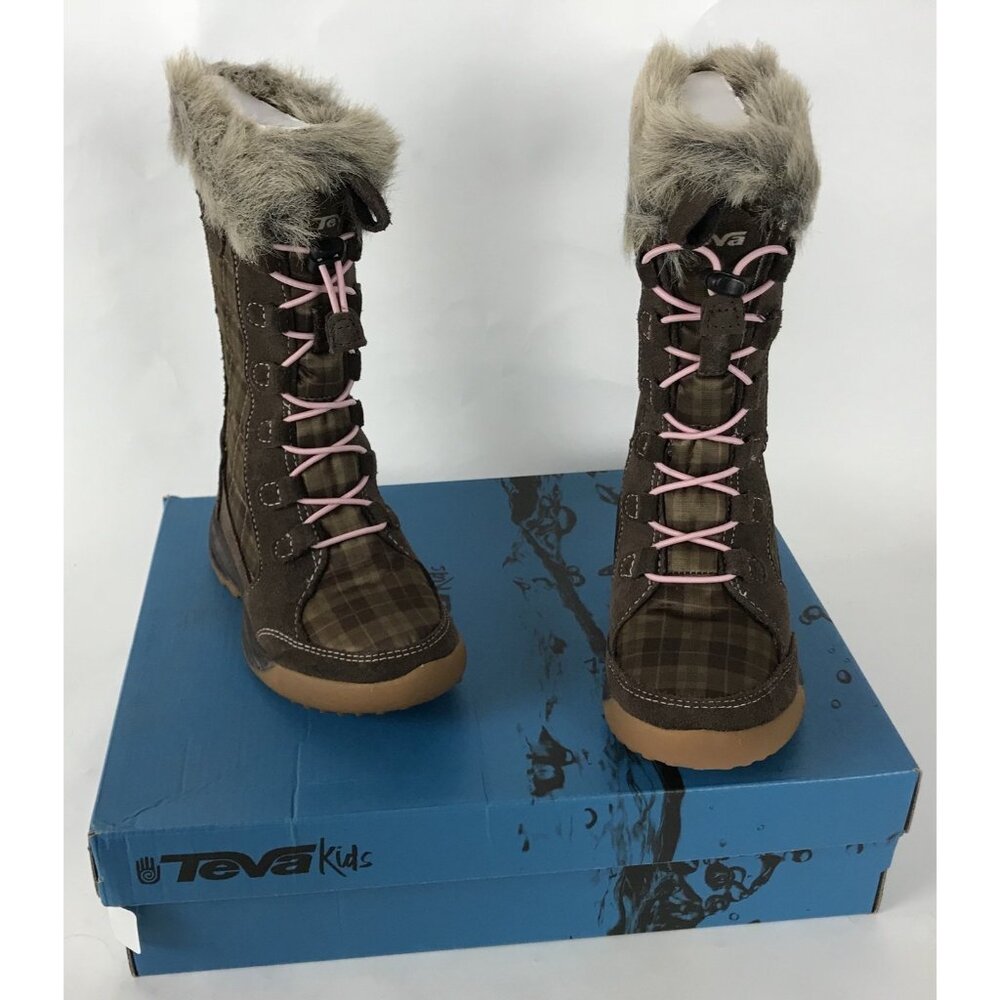 Teva Girls Lenawee Boots Toddlet Size 10 Tall Faux Fur Plaid Lace Up Brown Pink